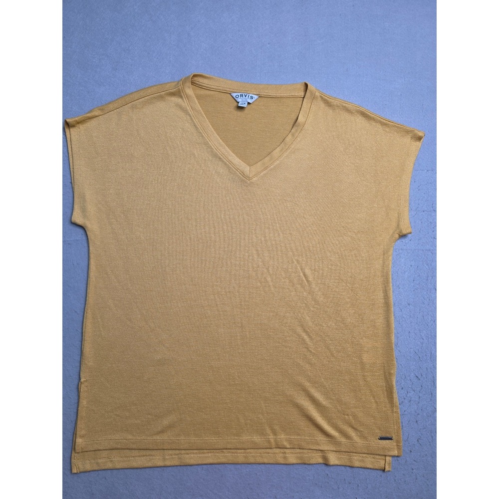 Orvis T-Shirt Womens Medium Yellow Knit Classic V-Neck Short Sleeve High Low Hem